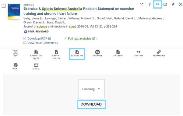 Screenshot of a search result for &ldquo;Exercise & Sports Science Australia Position Statement on exercise training and chronic heart failure&rdquo;. The &ldquo;Citation&rdquo; and &ldquo;Export RIS&rdquo; buttons are circled to show how to export a citation to EndNote desktop from QuickSearch.