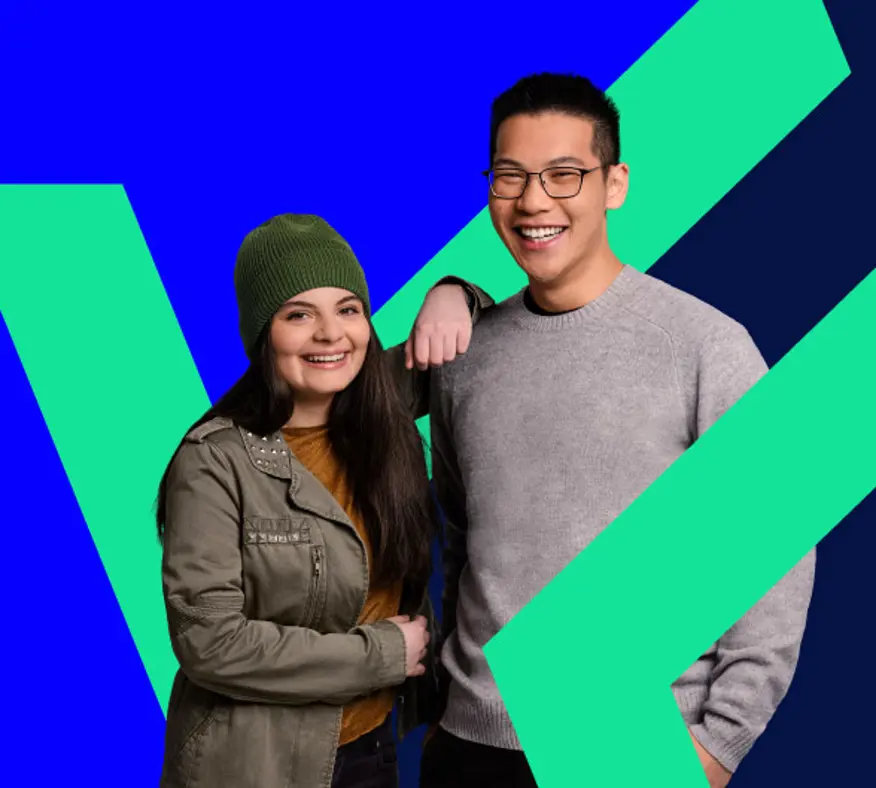 Composited graphic of colourful shapes layered over two people.