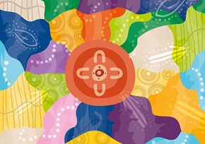 "Illustration titled 'Our Journeys' depicting interconnected pathways and symbolic representations of Aboriginal and Torres Strait Islander peoples&rsquo; experiences with cancer care, using traditional motifs and vibrant colours." (From For Aboriginal and Torres Strait Islander People [Graphic], by J. Lovegrove (Ngarrindjeri), 2016, Cancer Australia. https://www.canceraustralia.gov.au/key-initiatives/aboriginal-and-torres-strait-islander-people)