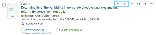 Screenshot of a search result for &ldquo;Determinants of the variability in corporate effective tax rates and tax reform: Evidence from Australia&rdquo;. The &ldquo;Tracing research connections&rdquo; buttons are circled to show how to find sources that cite this article or are cited in this article.