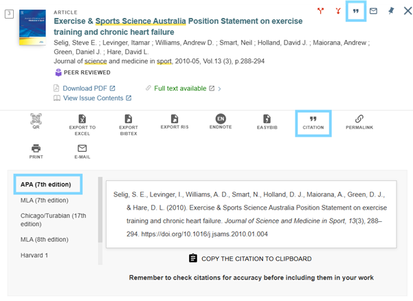 Screenshot of a search result for &ldquo;Exercise & Sports Science Australia Position Statement on exercise training and chronic heart failure&rdquo;. The &ldquo;Citation&rdquo; and &ldquo;APA (7th edition)&rdquo; buttons are circled to show how to generate a citation in QuickSearch.