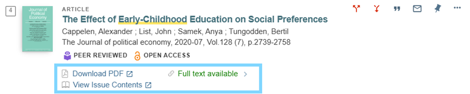 Screenshot of a search result for &ldquo;The Effect of Early-Childhood Education on Social Preferences&rdquo;. The &ldquo;Download PDF&rdquo; and &ldquo;Full Text Available&rdquo; and &ldquo;View Issue Contents&rdquo; buttons are circled to show where to access the article.