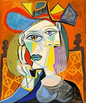 "Cubist-style portrait of a woman with exaggerated facial features, wearing a brightly coloured, abstract hat, set against a vivid background." (Pablo Picasso, Woman in a Multicoloured Hat (T&ecirc;te de Femme au Chapeau), 1939, Museum Berggruen, Neue Nationalgalerie. Exhibited at the National Gallery of Australia, 2025. https://nga.gov.au/exhibitions/cezanne-to-giacometti/.)