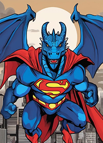 AI-generated image of a blue dragon wearing a Superman costume, flying above a city skyline at night with a glowing full moon in the background.