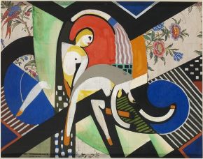 "Abstract composition featuring two nude figures in motion, surrounded by swirling organic shapes and geometric patterns, evoking a dynamic thundershower scene." (H. Lyman Sayen, The Thundershower (study for painting), 1916, tempera, pencil, and printed paper on paperboard, Smithsonian American Art Museum, Washington, DC, USA. https://americanart.si.edu/artwork/thundershower-study-painting-21724)