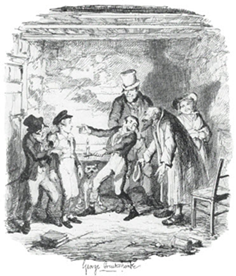 "Illustration of a young boy, Oliver Twist, standing in a dimly lit room as he is greeted by a group of boys and an older man, Fagin, who gestures toward him with a welcoming expression." (Fig. 1. From Oliver Twist, by Charles Dickens, edited by Kathleen Tillotson, Clarendon Press, 1966, p. 100.)