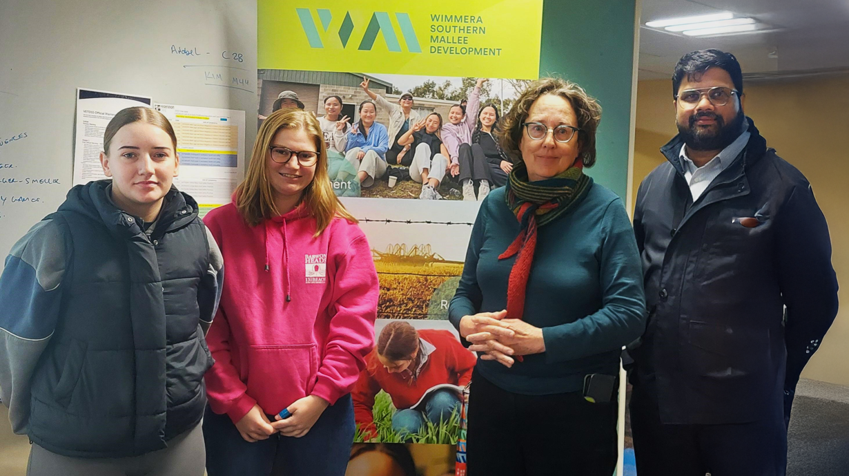 Federation TAFE Early Childhood Education and Care students, Sophie Sarr and Amelia Drendel, Federation's Fiona Carine, and Binesh Tholath from Wimmera Southern Mallee Development