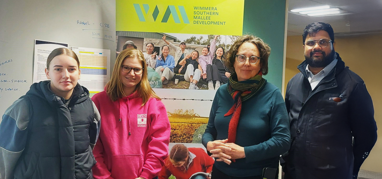 Federation TAFE Early Childhood Education and Care students, Sophie Sarr and Amelia Drendel, Federation's Fiona Carine, and Binesh Tholath from Wimmera Southern Mallee Development