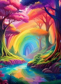 AI-generated image of a vibrant, rainbow-coloured landscape featuring a tree-lined river with a rainbow arching across the sky in the background.