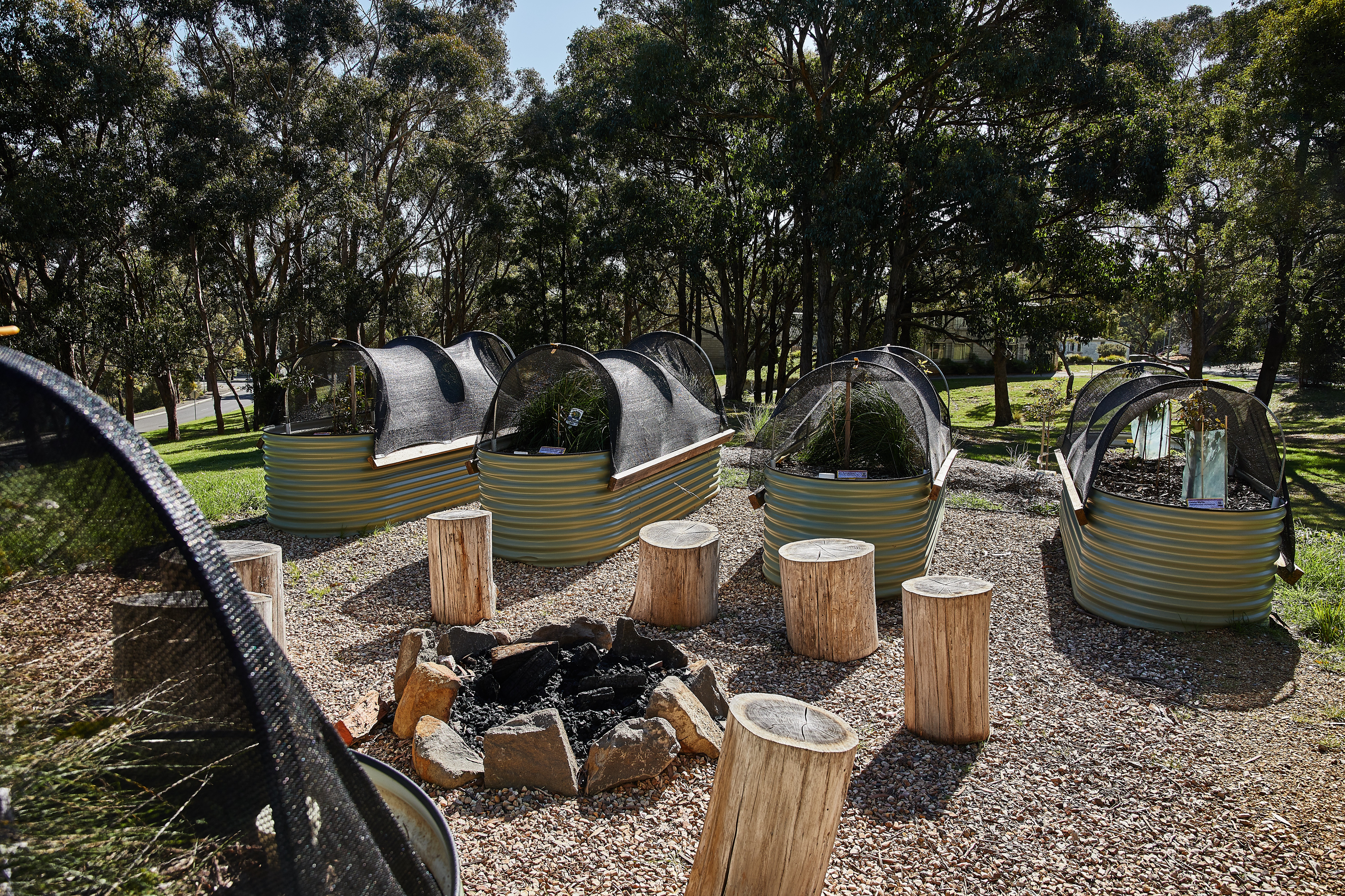 Photo of Wayn-Gurr Derrk Community Gardens showing a central campfire circled by log seating. On either side of the campfire are rows of raised planter beds with shades pinned in an arch over the top and native plants growing within them.